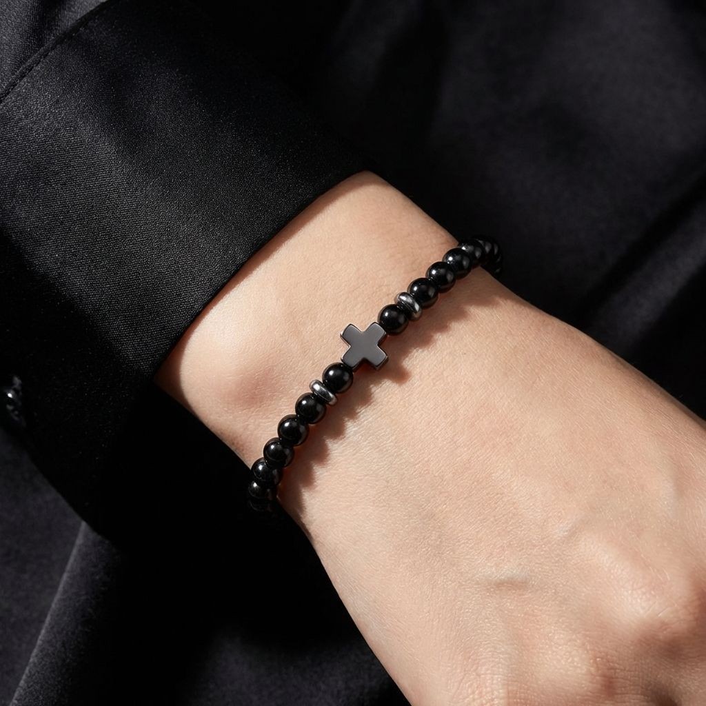 New Men’s Black Gallstone Cross Bracelet 4mm Volcanic Stone Red Turquoise Bracel