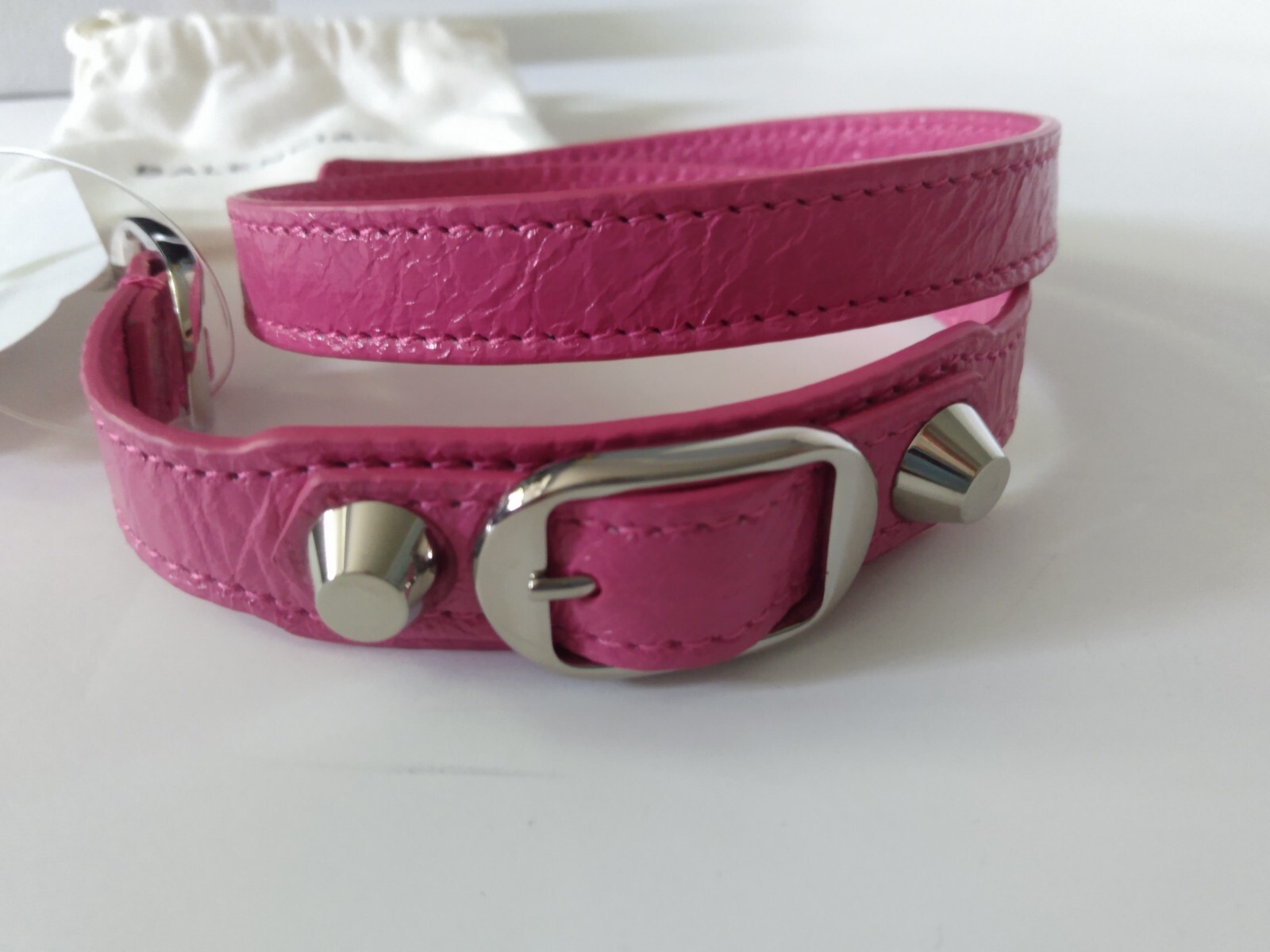 NWT Balenciaga PINK Leather Arena Double Wrap Bracelet Silver Hardware Small