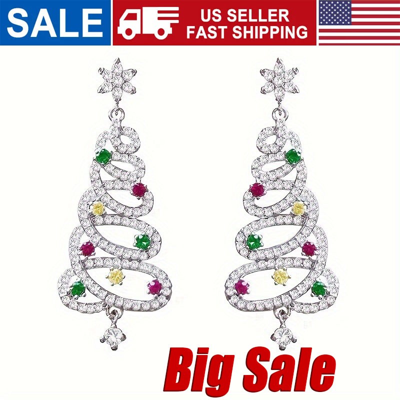 Women’s 925 Silver Crystal Christmas Tree Earrings Drop Dangle Jewelry Xmas 2026