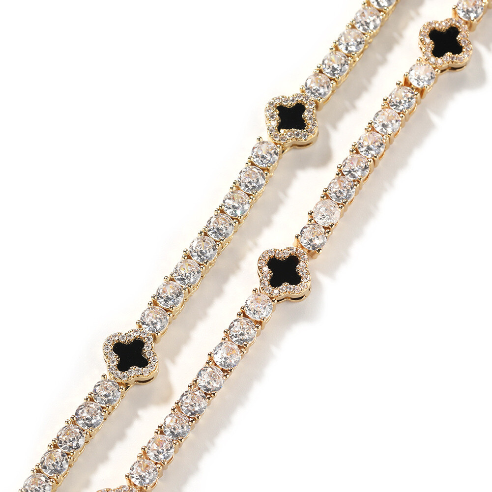 Silver Plated Iced CZ Out Women’s Four-leaf Clover Tennis Chain Bracelet For Men