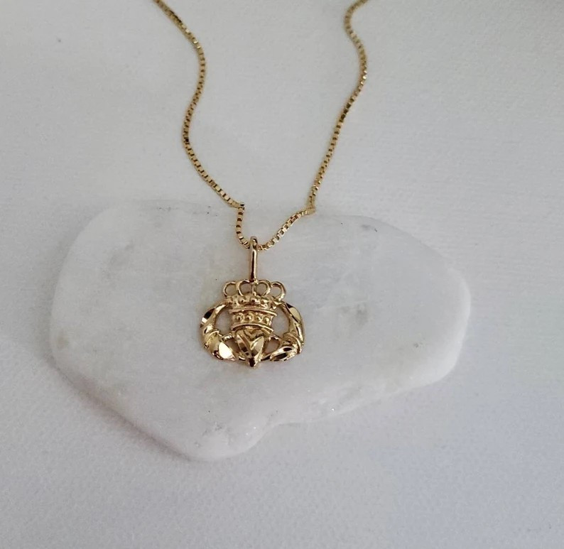 Gold Claddagh Necklace, 14k Heavy Plated Gold, 1mm Box Chain