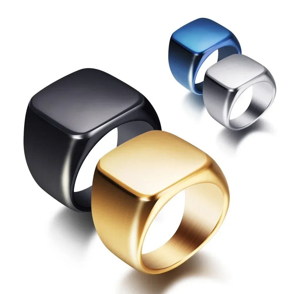 Square Signet Ring Stainless Steel Wide Band Smooth Finish Statement Jewelry