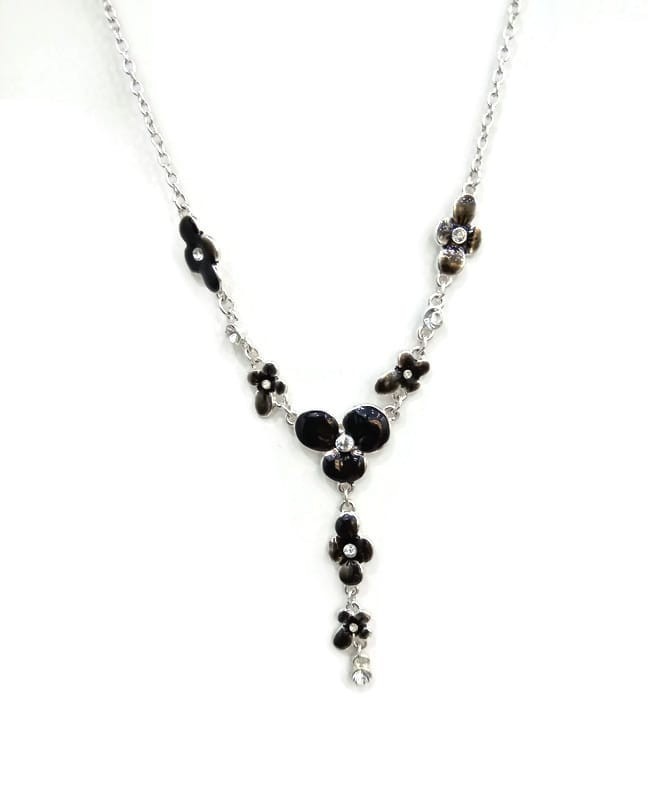 NWT F&F Women’s Floral Y-Necklace Silver Tone Black Enamel Crystal Statement Jew
