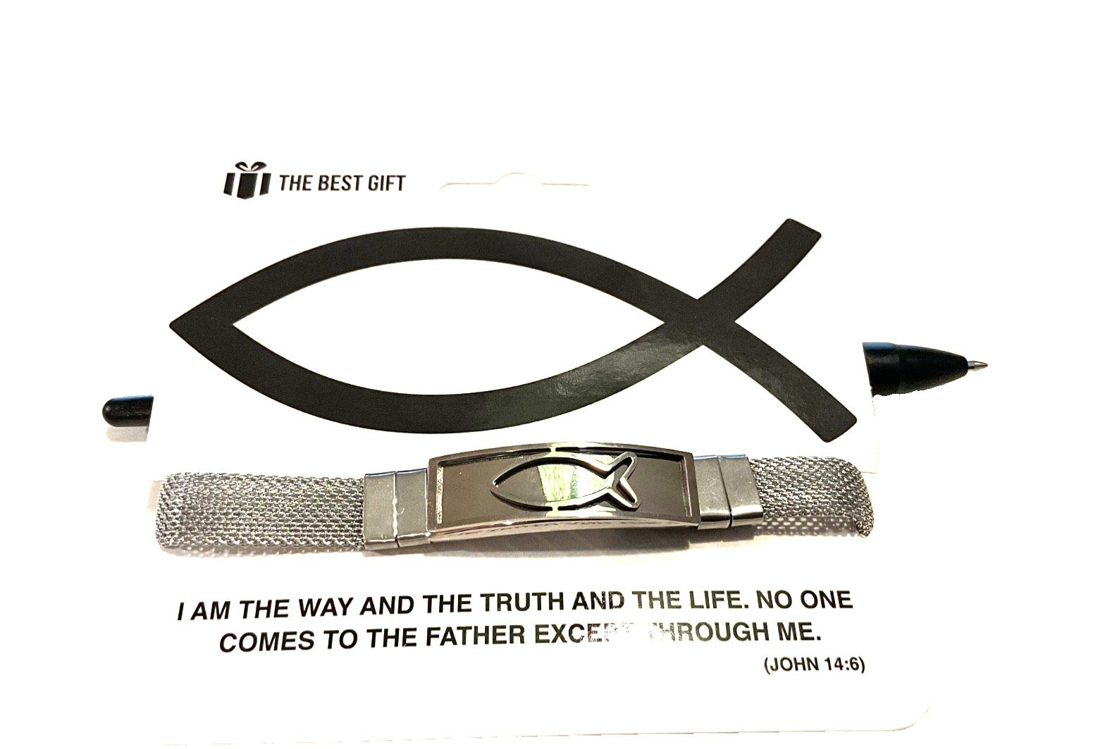 8” Unisex Christian Bracelet Jesus, Fish, Stainless Steel Mesh + Safety Clasp