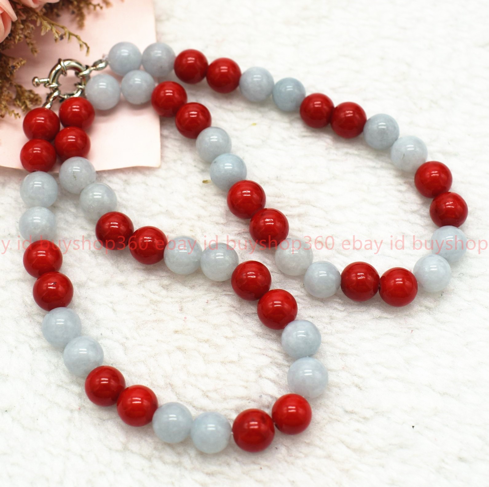 Fashion Natural 8/10mm Red Coral Sea Blue Treasure Jade Round Necklace 18-26in