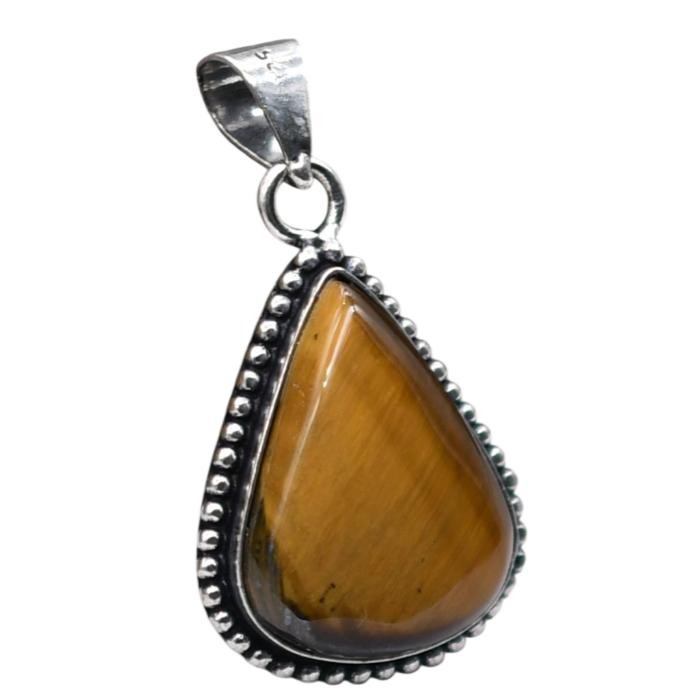 Tiger Eye Natural Gemstone Antique Silver Plated Pendant 1.5″ J 1077