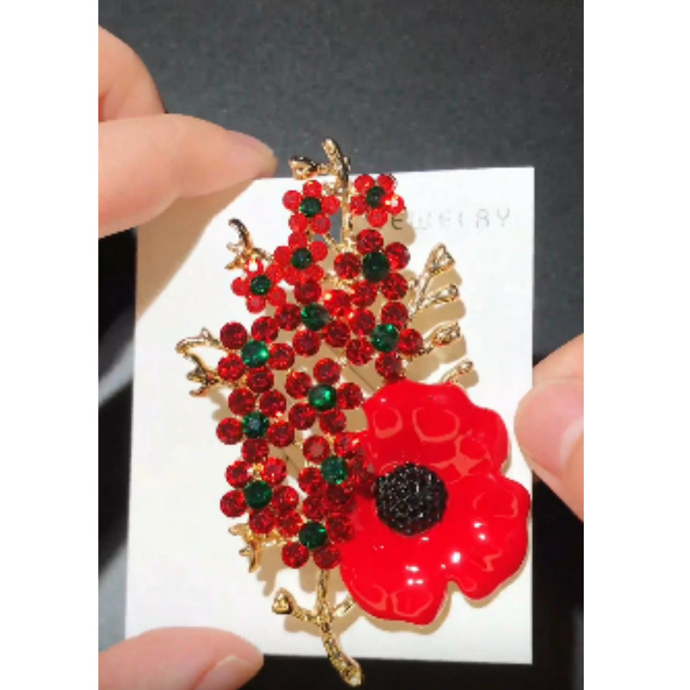 Beautiful Poppy Flowers Brooch Pin – Rhinestone Enamel Jewelry Gift USA