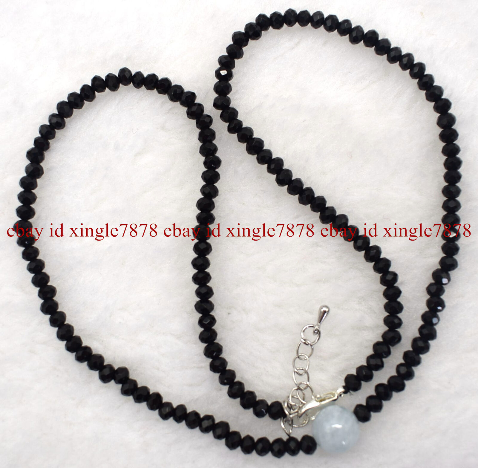 2x4mm Faceted Black Agate & 10mm Blue Aquamarine Gemstone Beads Necklace 20″ AAA