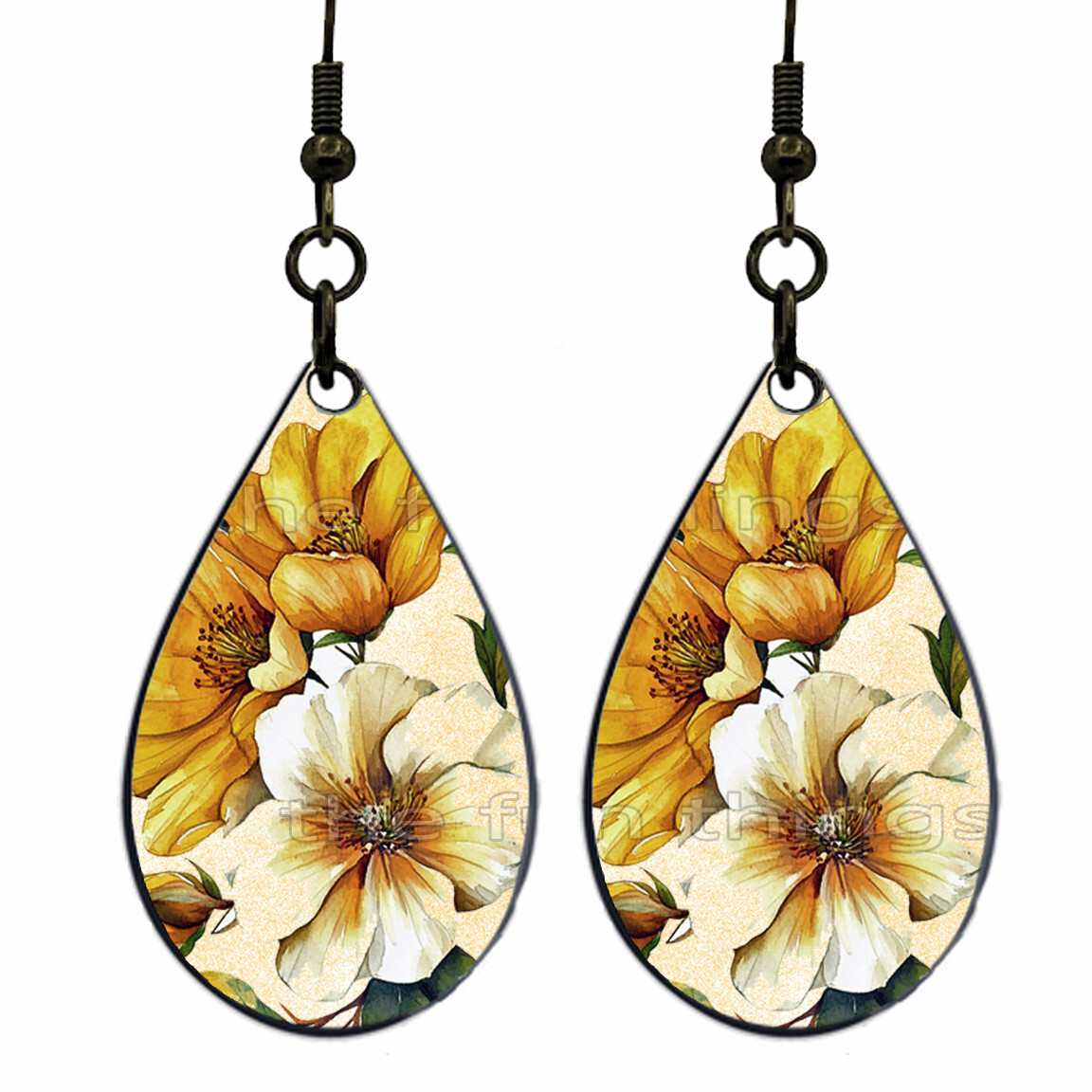 Golden Summer Floral Print Earrings NO TARNISHING Wood Teardrop Dangle