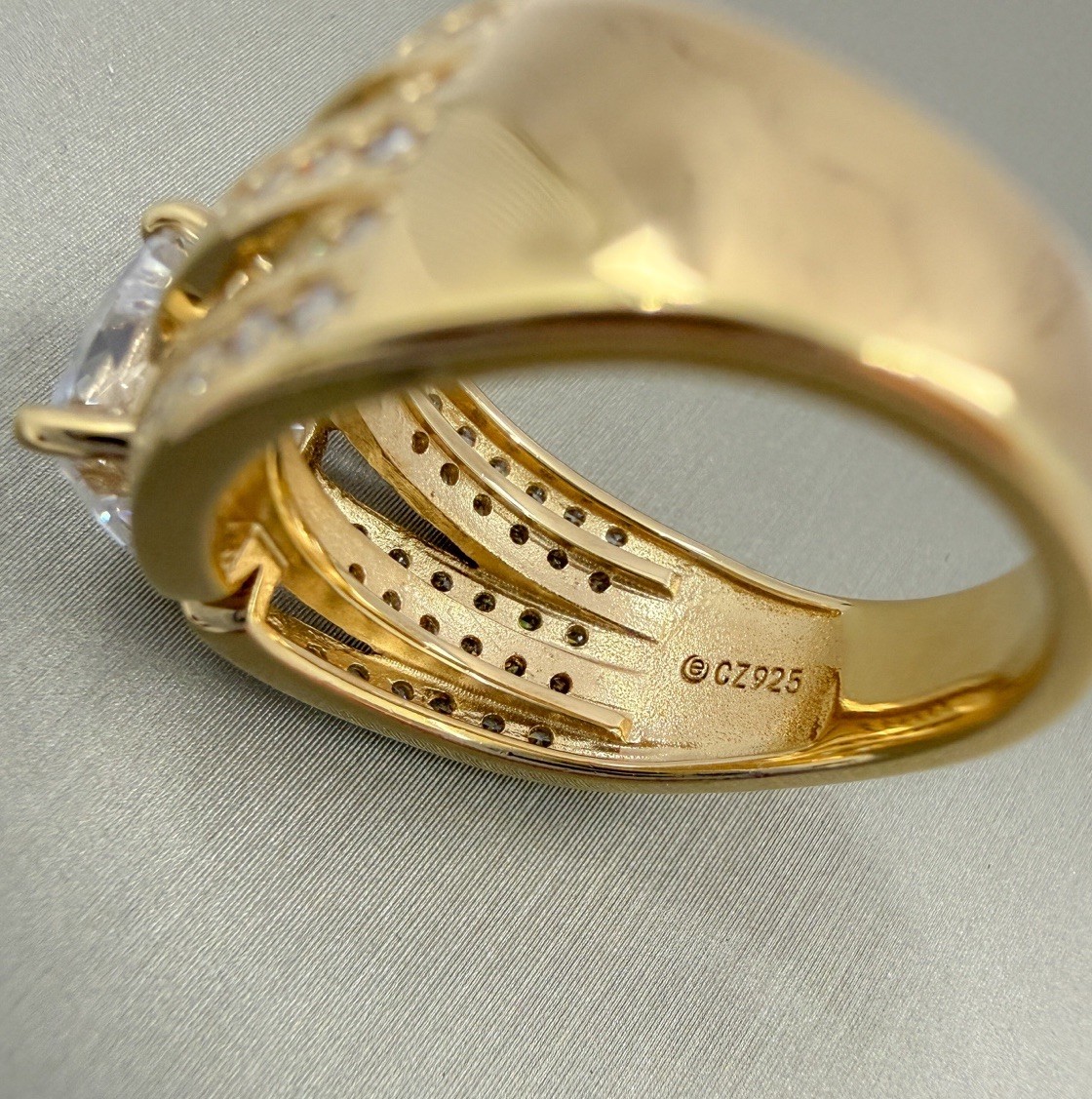 Diamonique 14K Gold Plated 925 Sterling Silver Cushion Multi-Row Band Ring Sz 8