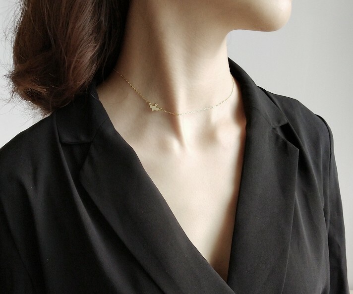 Women / Girl Gold Plated 925 Sterling Silver Bird Choker Chain Necklace 12-15″