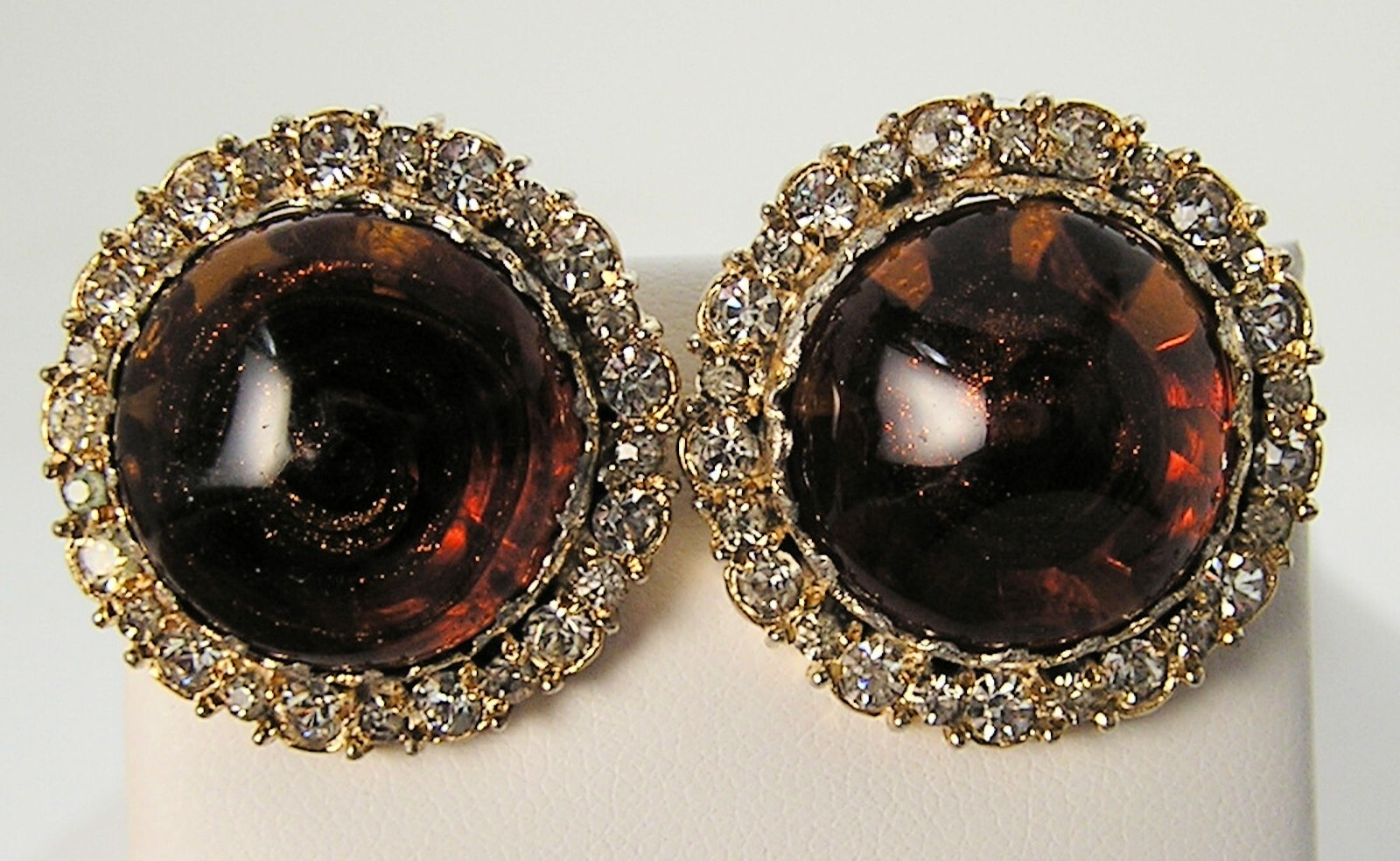 Nettie Rosenstein Bronze w/Gold Metalflake Swirl Cabochon & Rhinestone Earrings