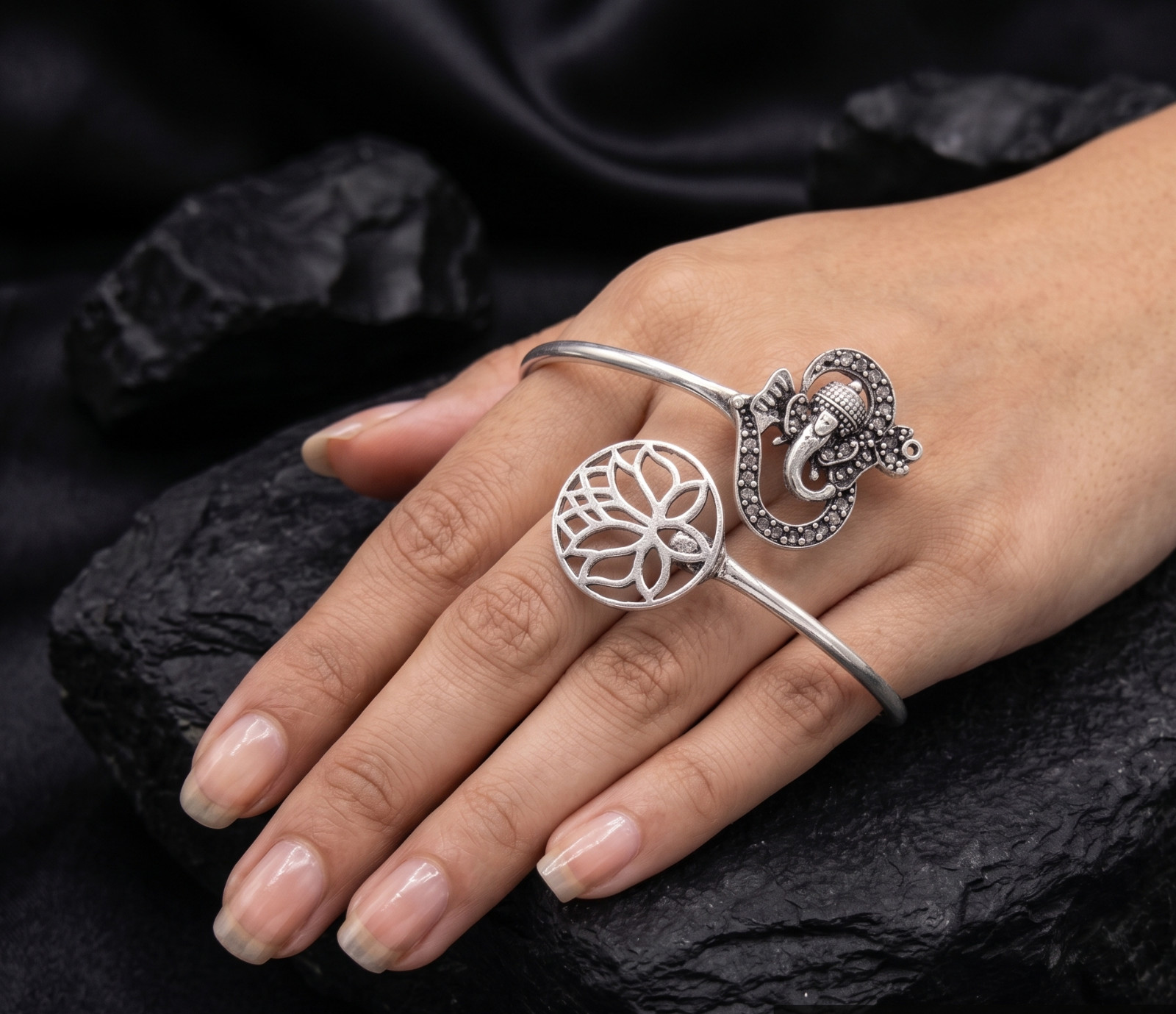 Handmade Ganesha Silver Cuff Bracelet | Spiritual Adjustable Open Bangle