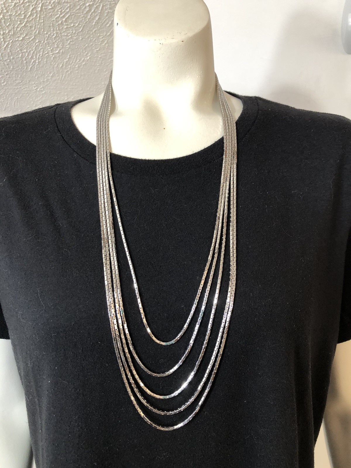 Monet Vintage Silvertone 5 Strand Necklace Varied Lengths
