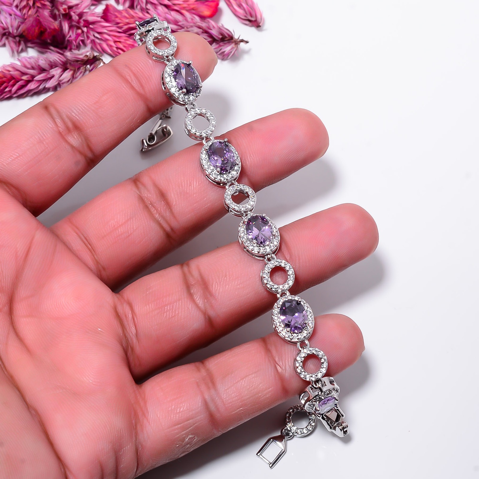 Purple Amethyst, CZ 925 Sterling Silver Adjustable Bracelet 7-8″ B132212