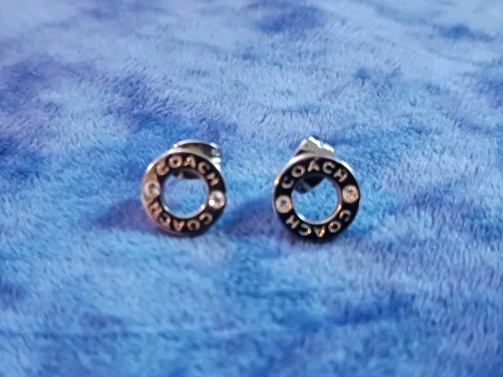 Coach Silver Open Circle Logo Stud Earrings with Clear Rhinestones