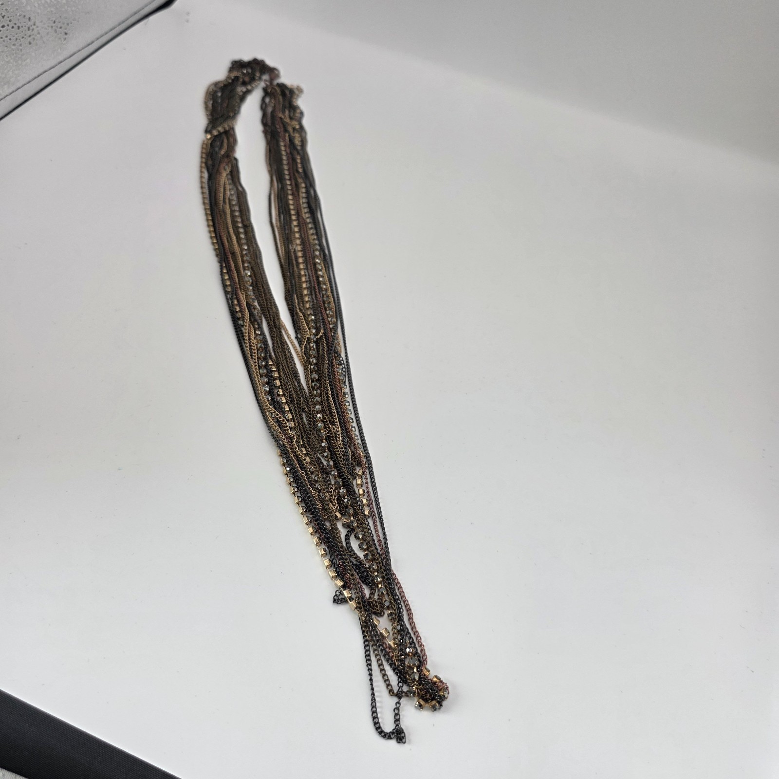 Womens Gold Tone Black Rhinestone Multi Layer Chain Statement Necklace 38 Inches