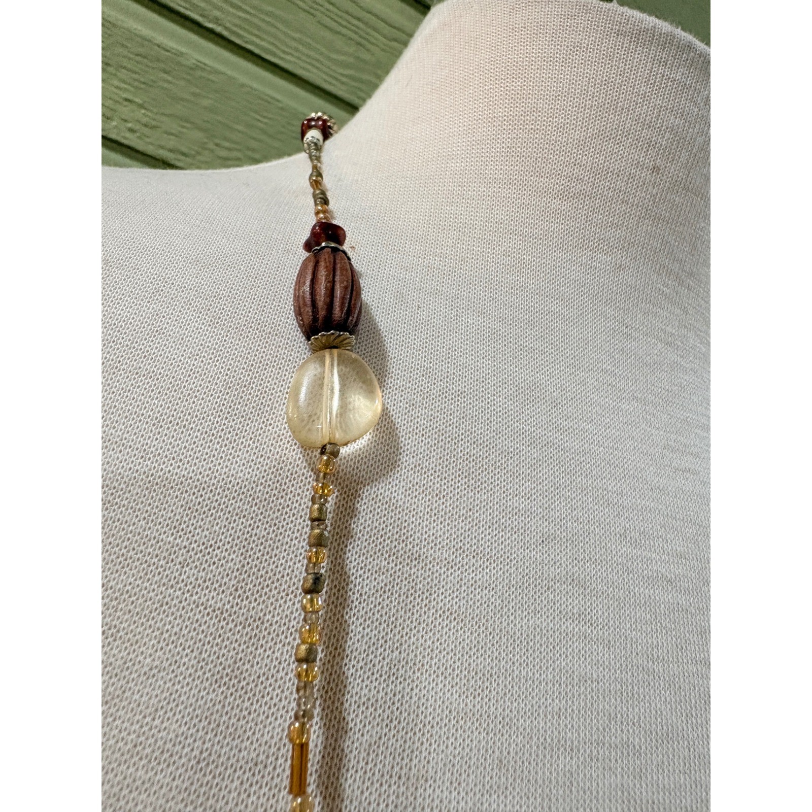 Bohemian Long Beaded Necklace Brown Cream Earthy Tones Mixed Media 36 Inch