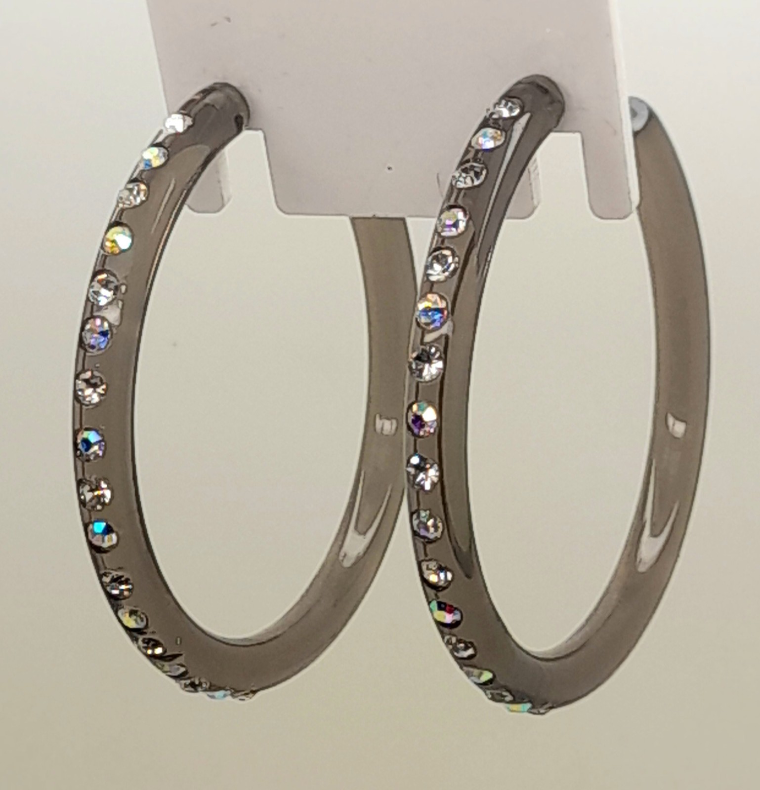 1.75INCH THIN DARK GRAY PLASTIC HOOP WITH CLEAR & AB RHINESTONE FASHION EARRINGS