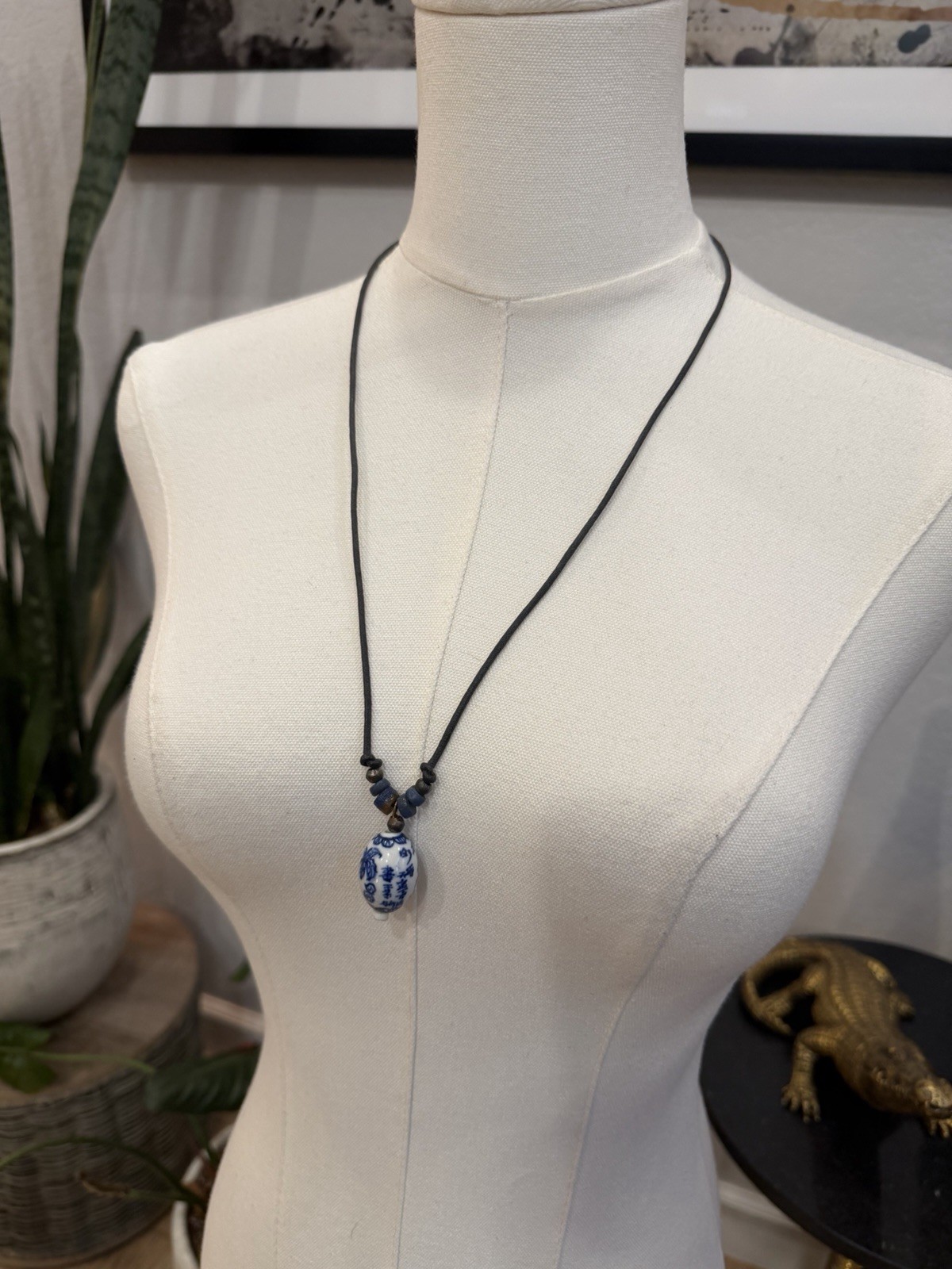 Blue White Ceramic Pendant Necklace Leather Cord Artisan Boho Asian Inspired