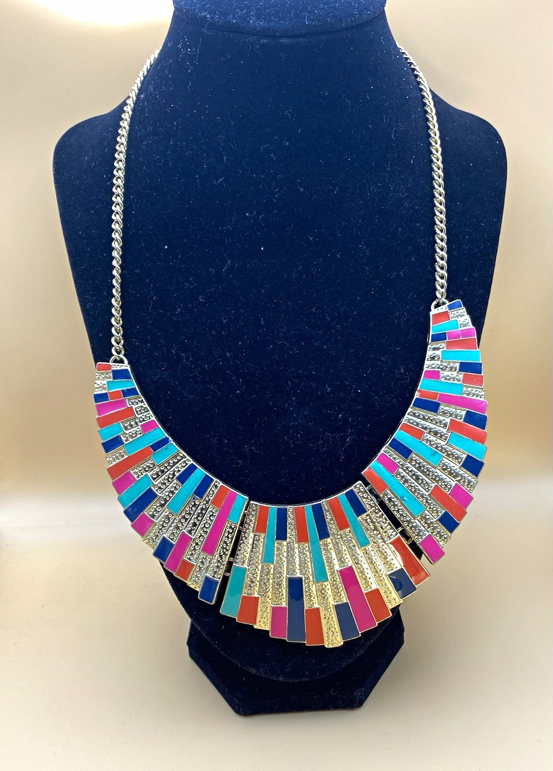 Multicolor Geometric Bib Statement Necklace Silver Tone Curb Link Lobster Adj