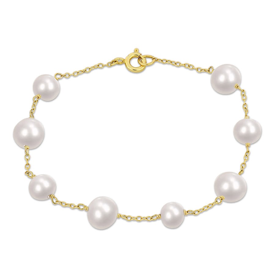 AMOUR 6.5-8.5 Mm Cultured Freshwater Pearl Station Bracelet In Yellow Plated