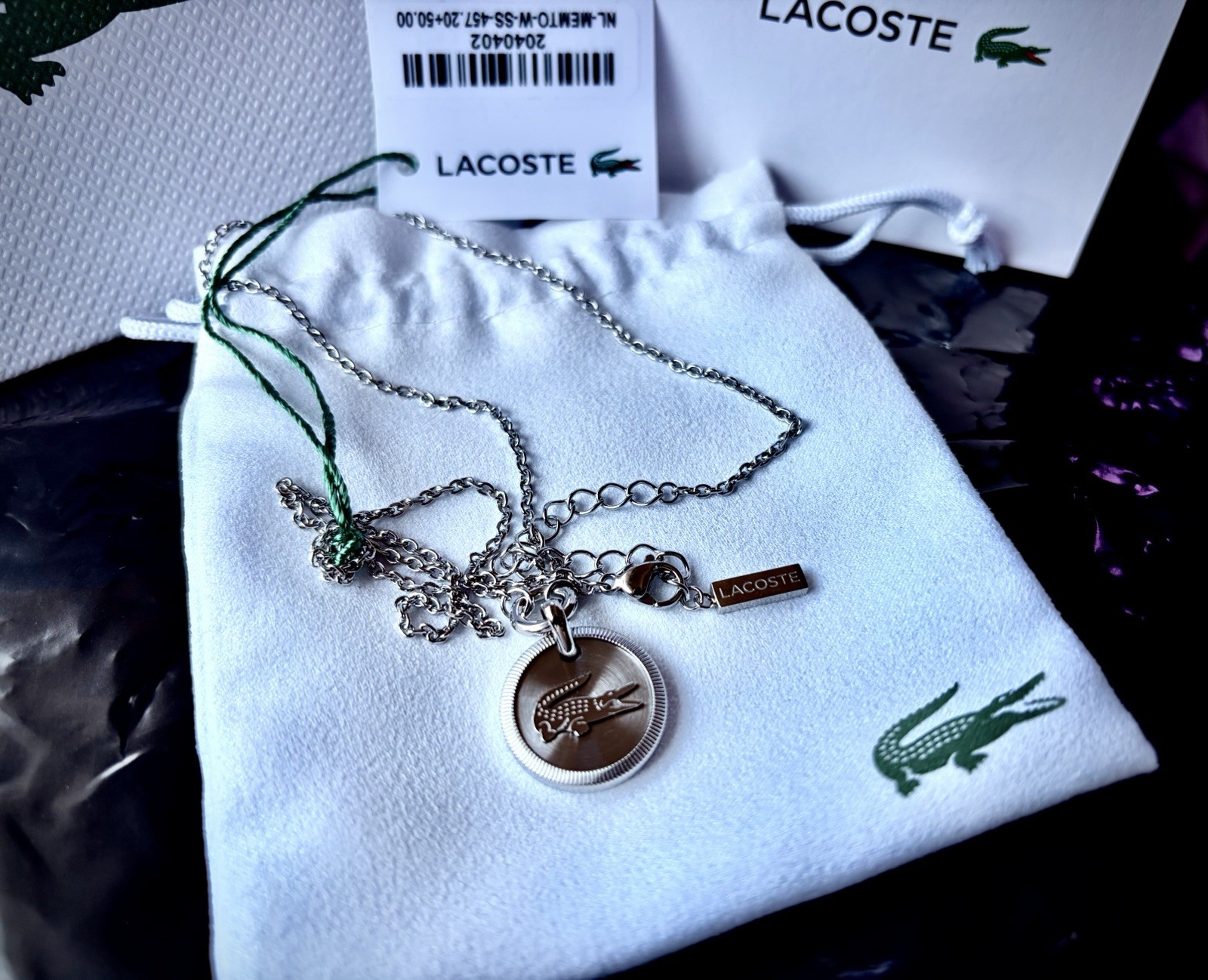 Lacoste Silver Pendant Necklace Charm Chain Asymmetrical Logo