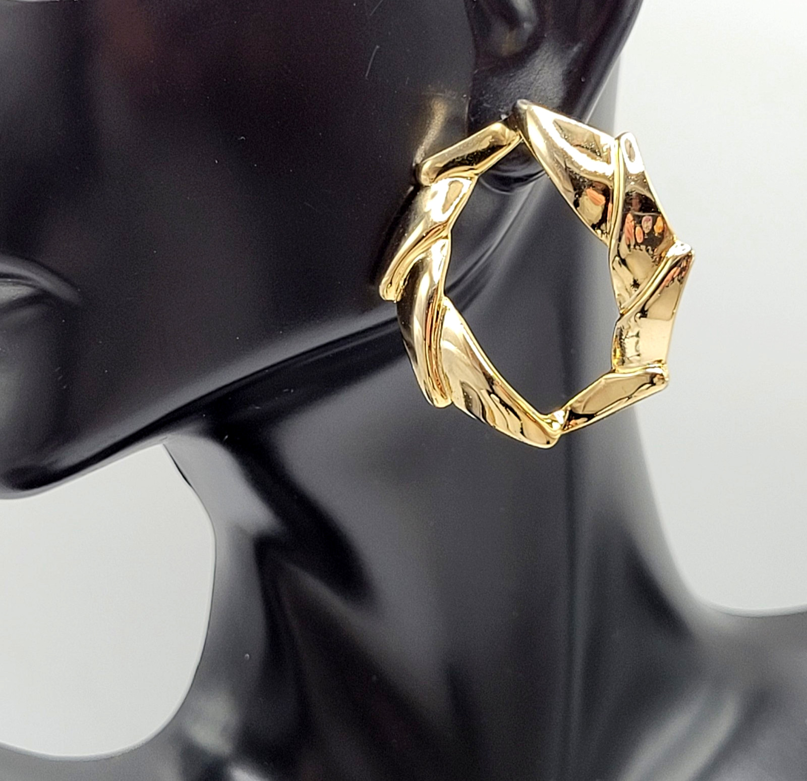 Wavy Hoop Earrings Gold Tone Sculptural Folded Twisted Crinkled Geometric Design