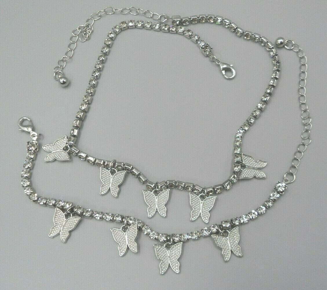2 Piece Butterfly Jewelry Set: Necklace and Anklet Silver Tone Rhinestone
