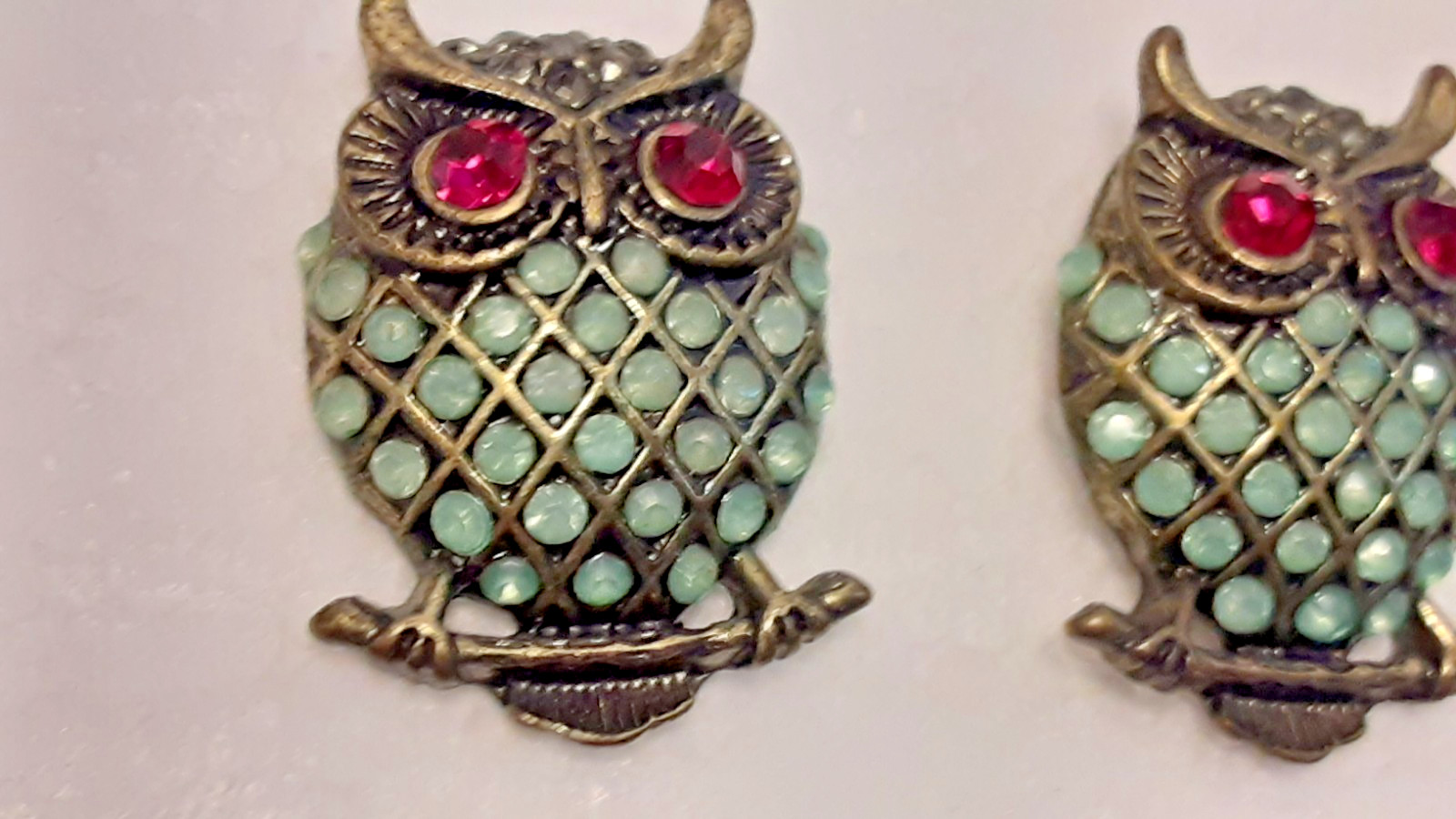 Owl Earrings Pierced Vintage RS blue Red Clear Gold Tone 1″ x 3/4″ Good Quality
