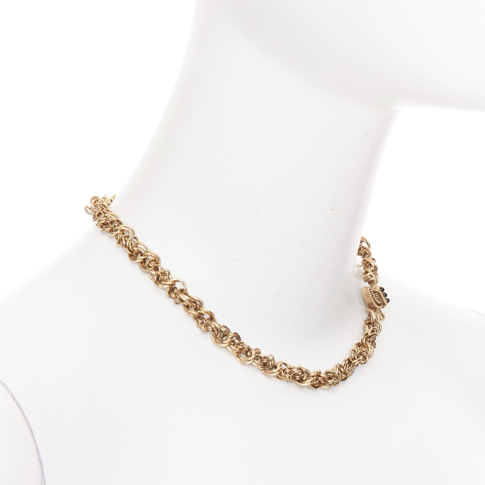 CHANEL 11A aged gold braided multi link black crystal CC short necklace