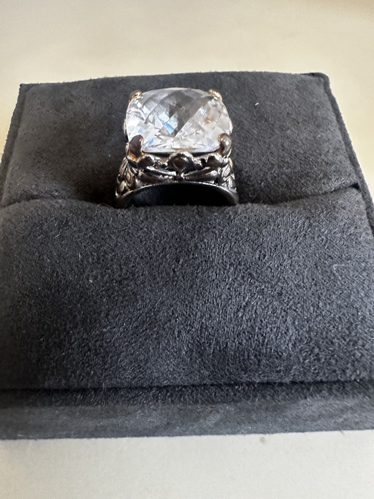 Silver Cocktail Ring with Large Clear Cushion Glass Stone and Ornate Band