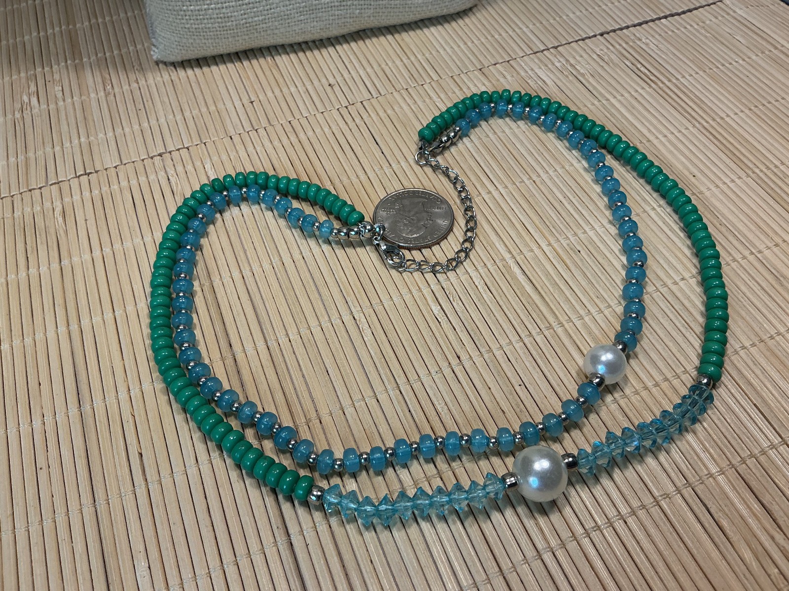 Fashion Necklace Plastic Glass Aqua Green Silver Tone Faux Pearl Multi Lot 104