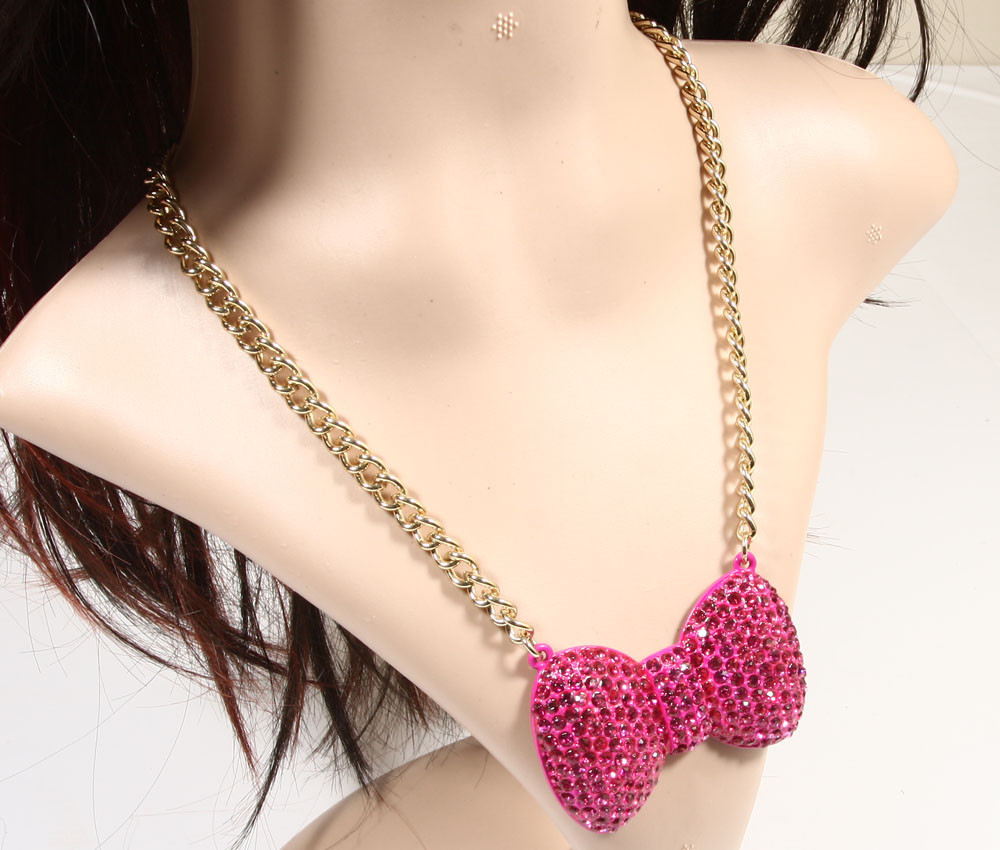 Women’s Kitty Bow Tie Bling Bling Necklace cute gold silver pink medium bow