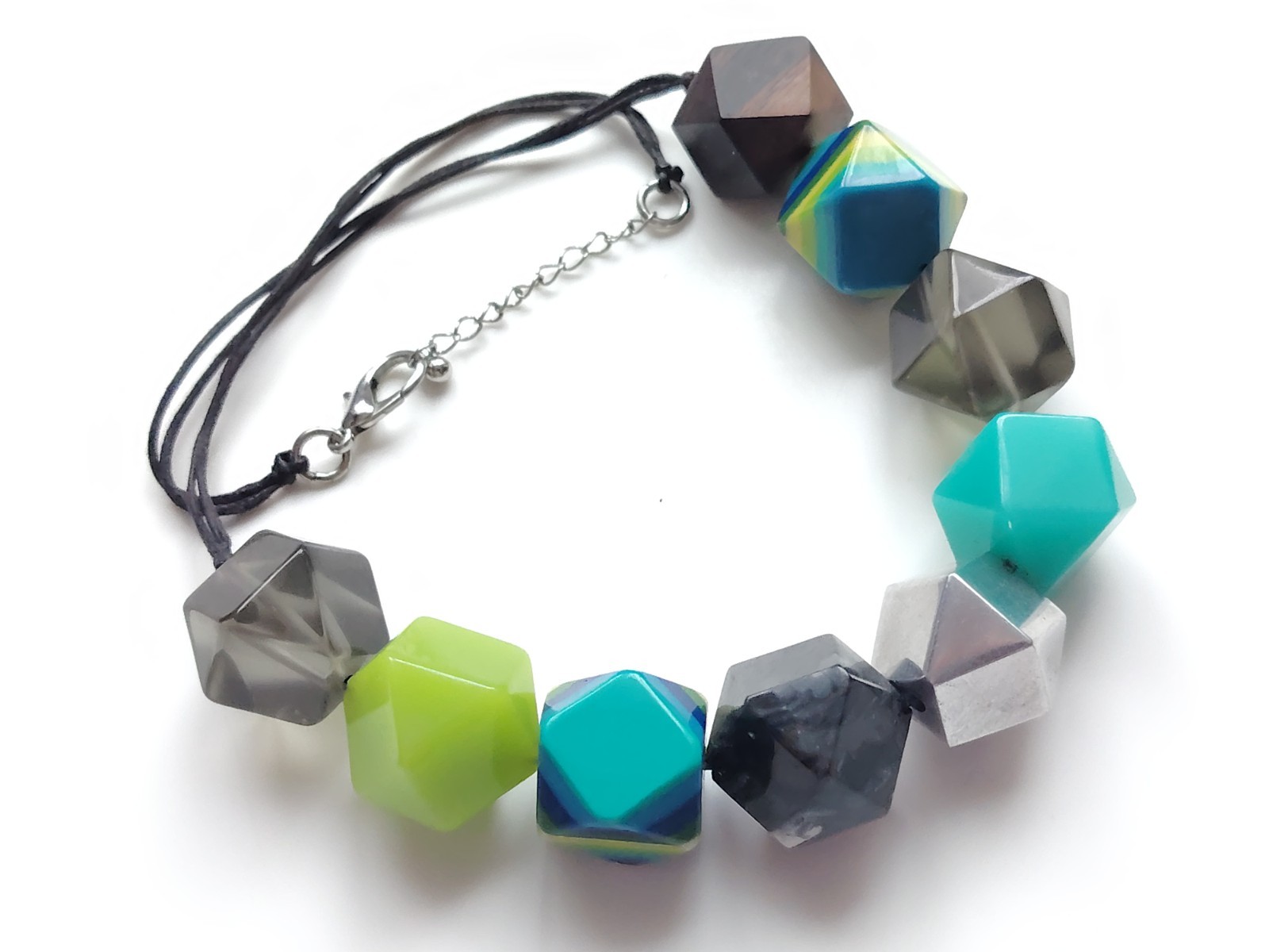 Blue Green Necklace Laminated Plastic And Metal Retro Styled 3D Hexagon Beads