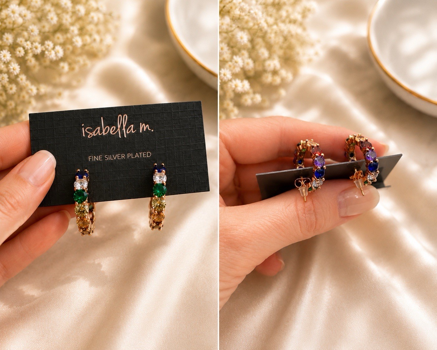 Multi Color Gemstone Hoop Earrings Silver Plated Rainbow