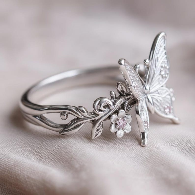 925 Sterling Silver Butterfly Ring Pink CZ Vintage Floral Statement Band New