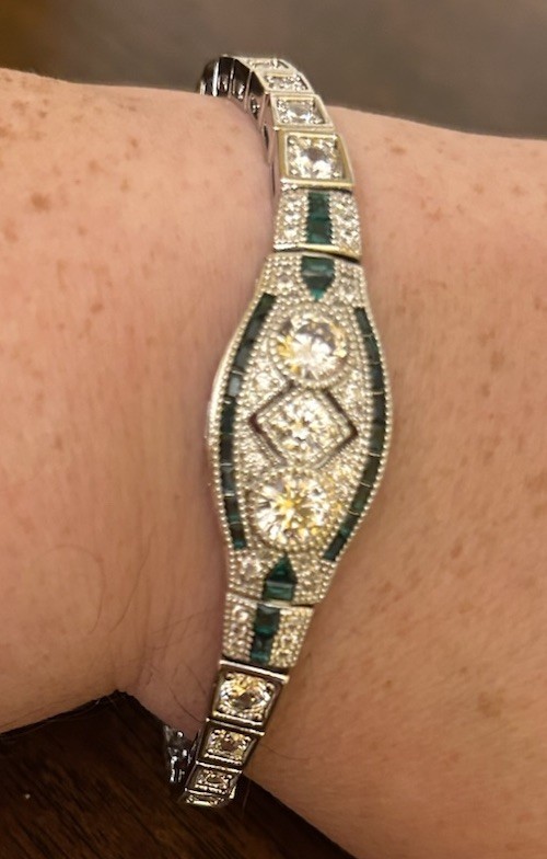 Silver Tone Emerald Green CZ And Diamond CZ Art Deco Inspired Bracelet NWT