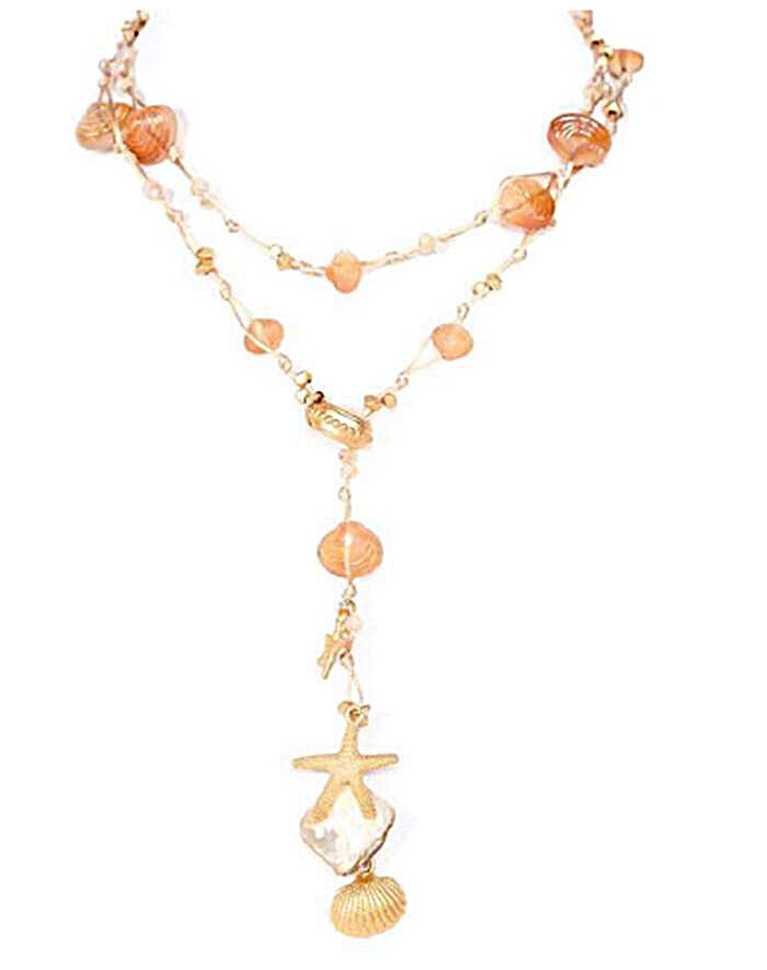 Sea Life Starfish Glass Shell Coral Beach Woven Rope Y Lariat Long Necklace NWT