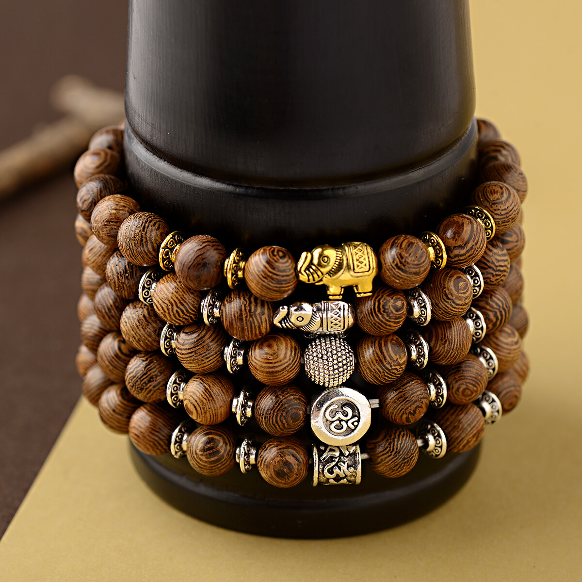 Unisex Elephant OM Sanskrit Bead Wood Meditation Power Stretch Bracelet Jewelry