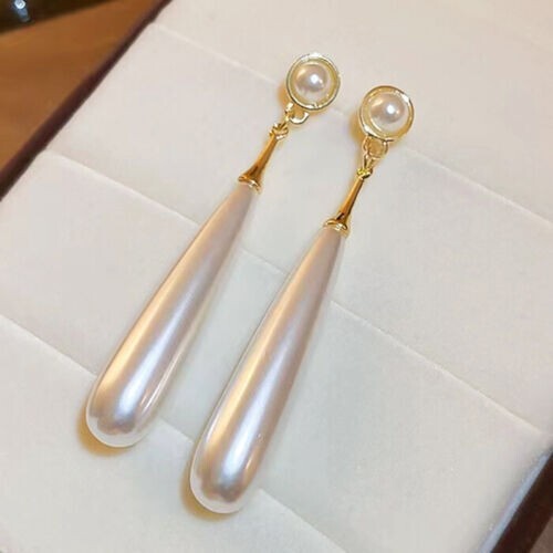 Pretty Yellow Gold Plated Long White Pearl Teardrop Stud Drop Dangle Earrings