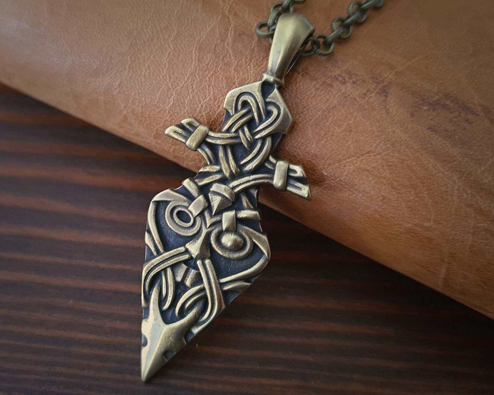Baldur Jewelry Gungnir Spear Necklace, Brass Viking Odin Face Pendant