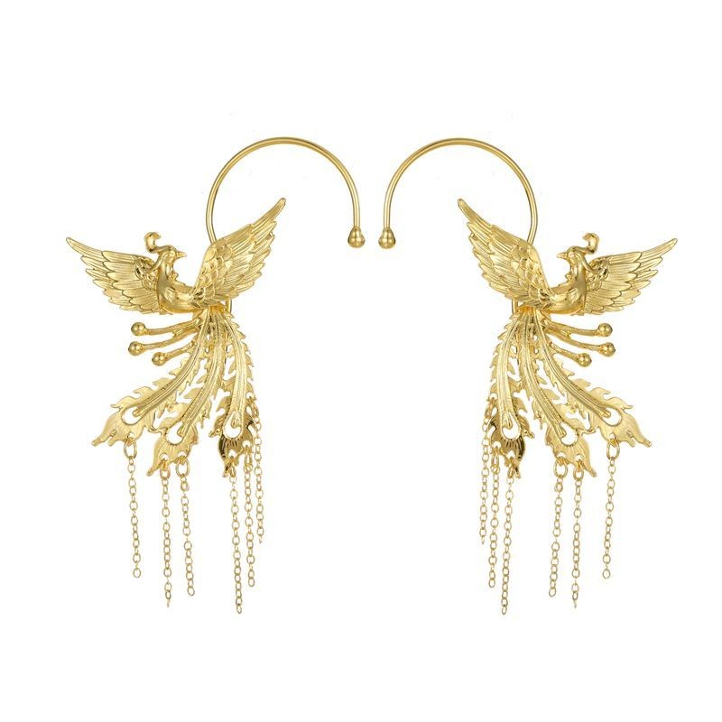 Bridal Gold Plated Phoenix Tassel Ear Cuff Chinese Cheongsam Accessory
