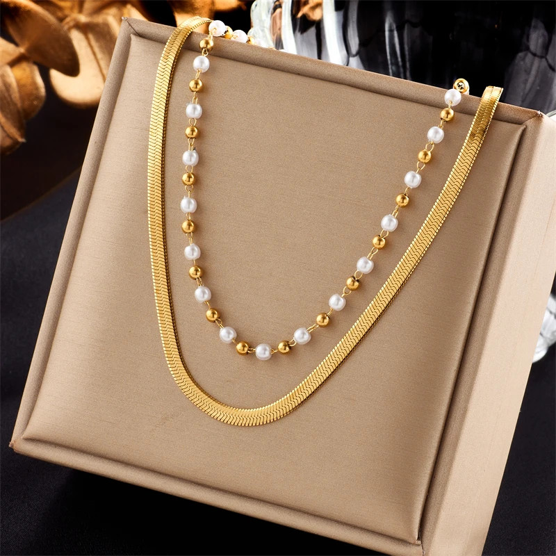 Ball Bead Chain Necklace 316L Stainless Steel Imitation Pearl Women Jewelry