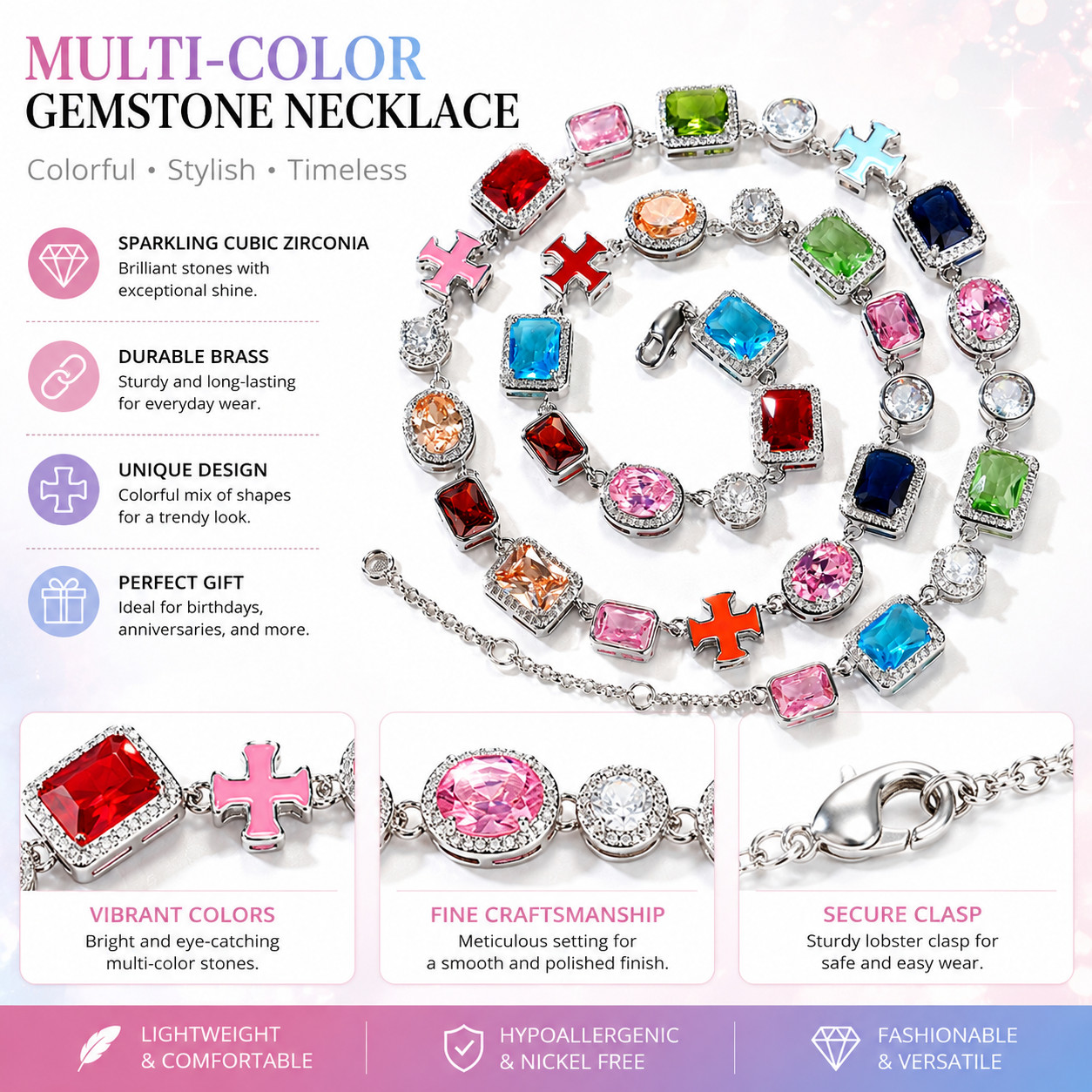 19in Luxury Colorful Gemstone Necklace Gold Geometric Crystal Chain Jewelry Gift