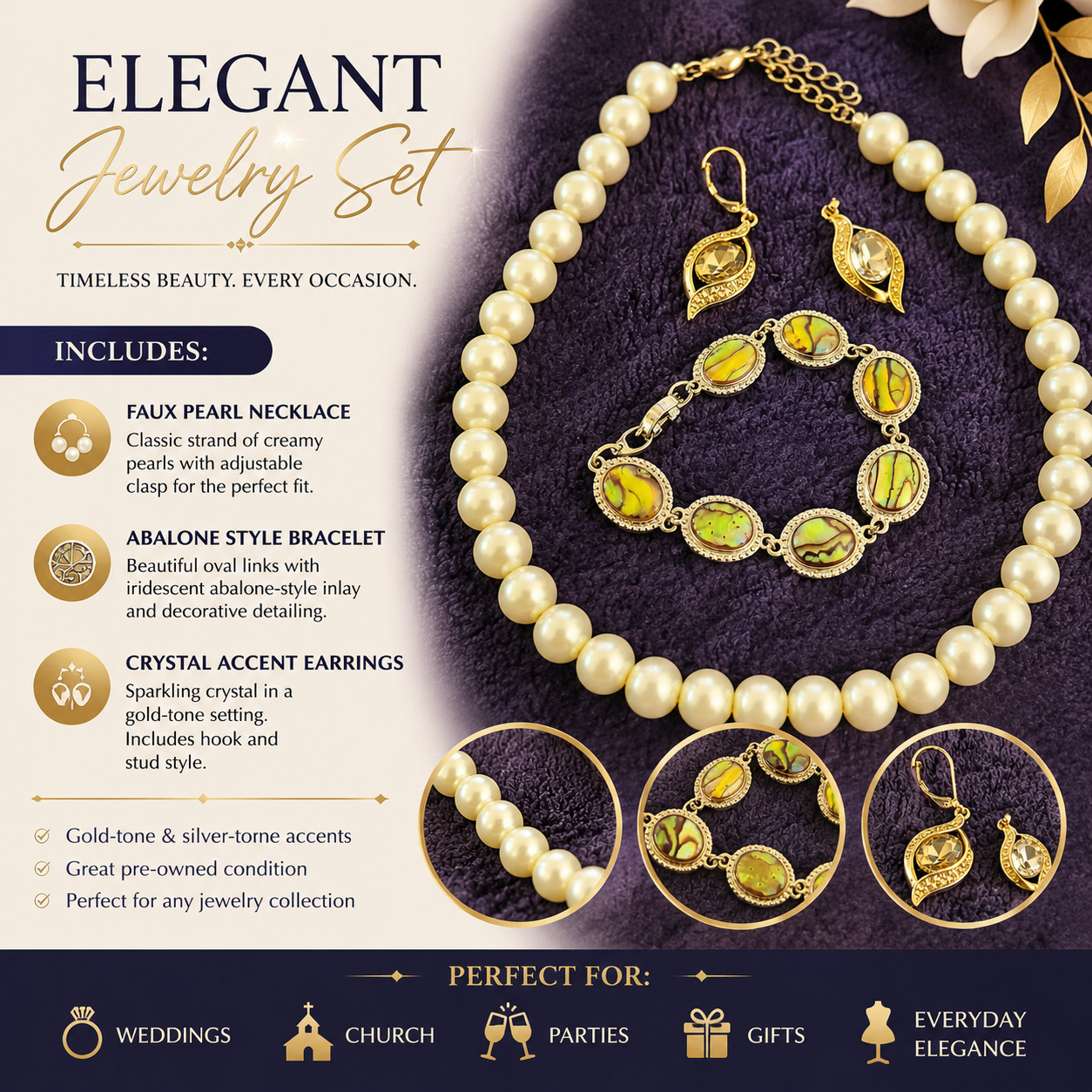 Fashion Jewelry Set – Faux Pearl Necklace, Abalone Style Bracelet & Crystal Earr