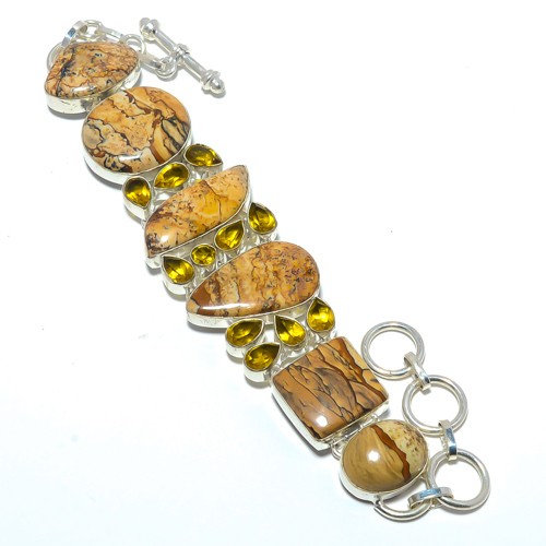 Picture Jasper – Oregon & Citrine 925 Sterling Silver Bracelet 7.5-7.99″ T78