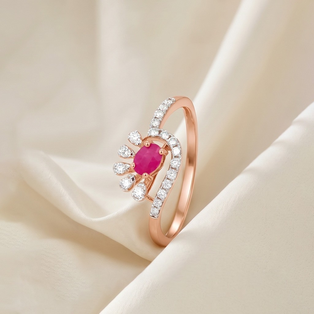 Classic 18K Rose Gold Ring with Rich Ruby Gemstone and Natural Diamond
