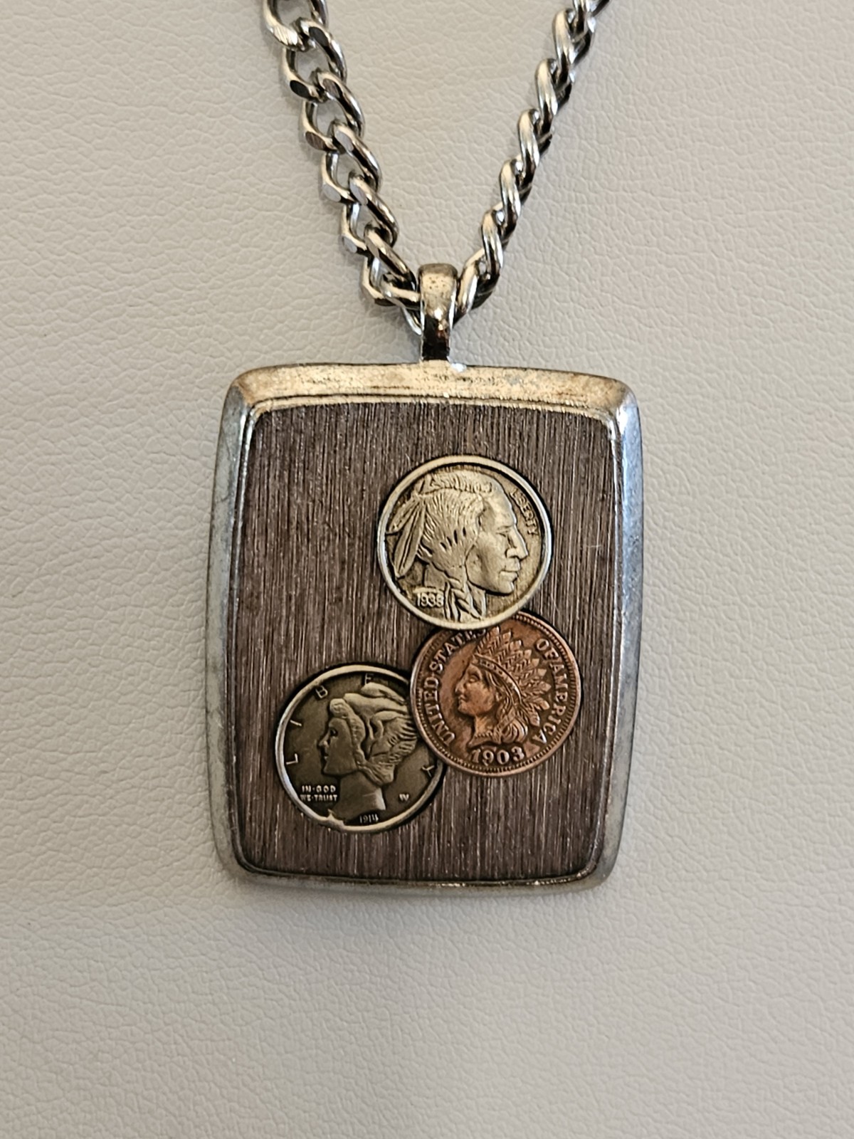 Vintage Silver Tone Rectangular Antique Coins Pendant Necklace Curb Chain