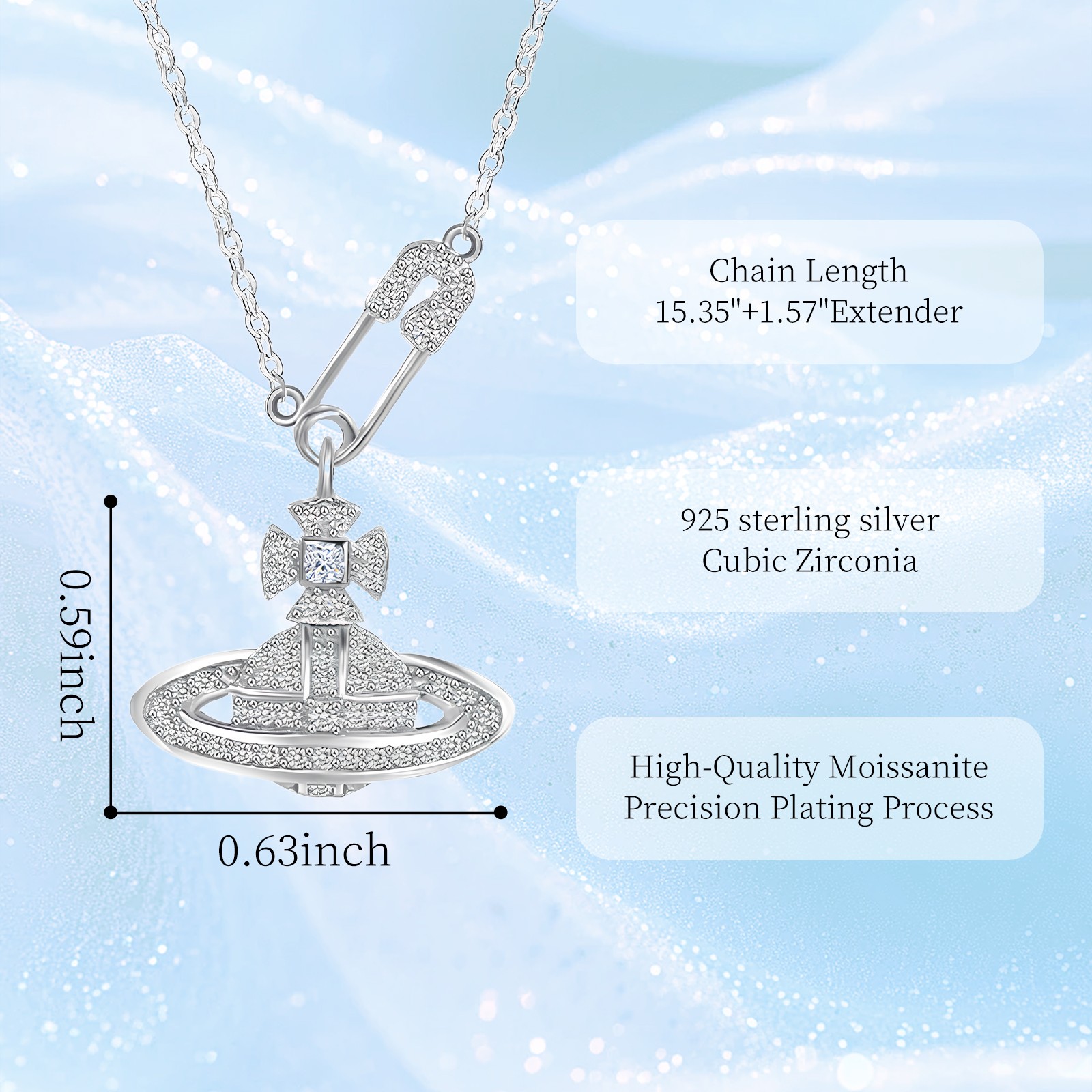 925 Silver Saturn Pendant Necklace (Pin & Zircon, 39+4cm, Gift for Her)